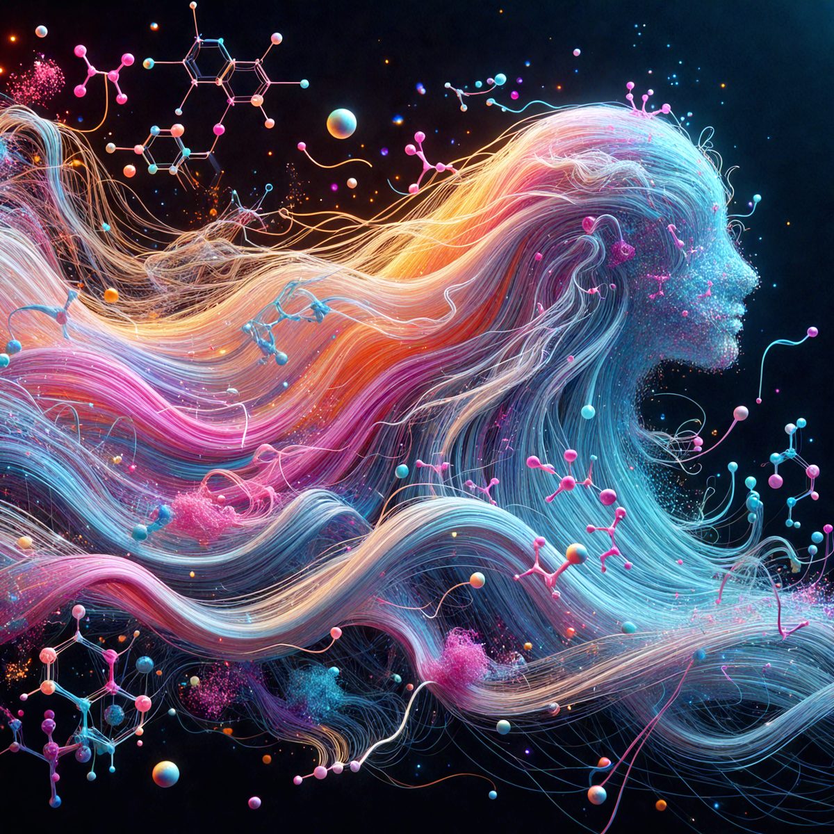 The primary subject of the image is a woman's head, which is the main focus of the scene. The setting is a dark background, which contrasts with the vibrant colors of the woman's hair and the surrounding elements. The visual style is digital art, as the woman's hair is depicted in a flowing, abstract manner. The colors and mood of the image are lively and energetic, with the woman's hair being the center of attention and the various elements surrounding her adding to the overall atmosphere.